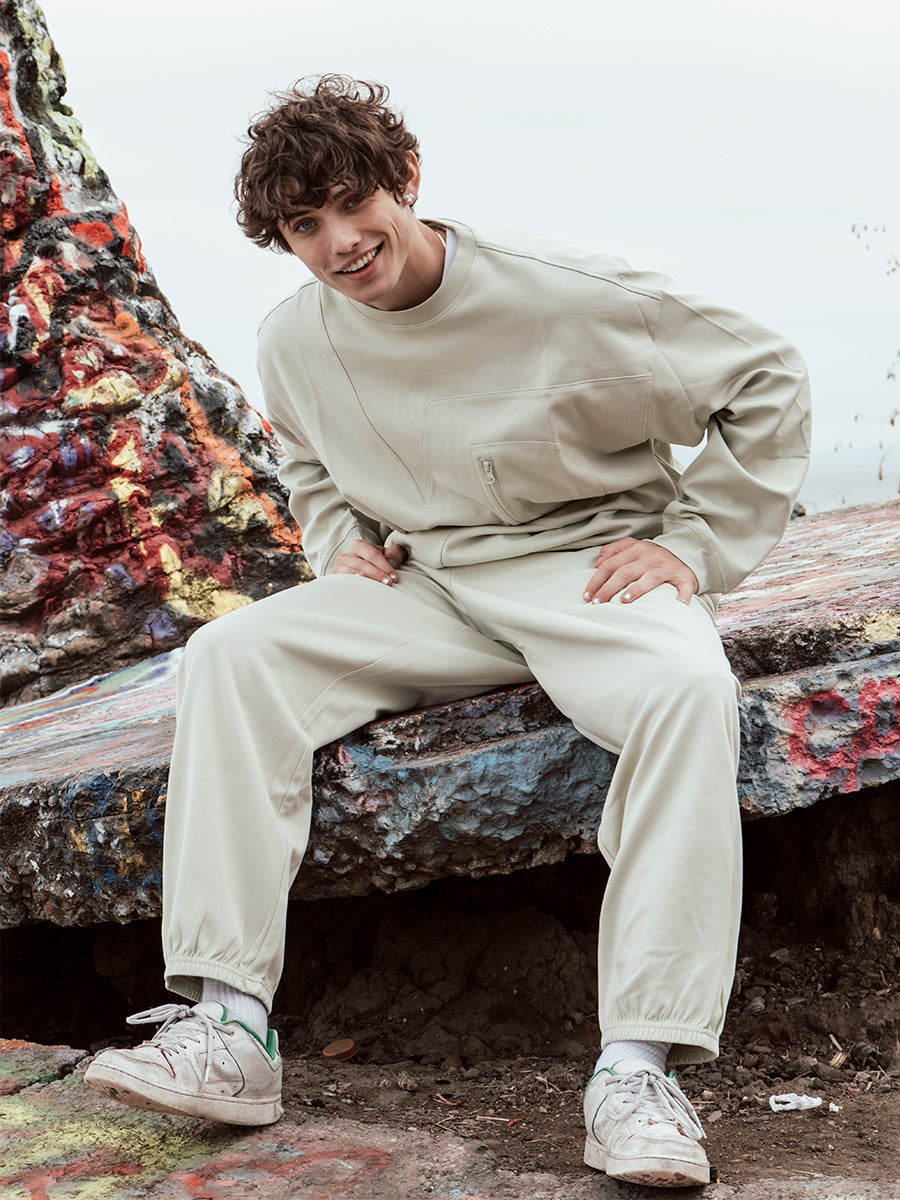 Drawstring Cotton Blend Tapered Sweatpants