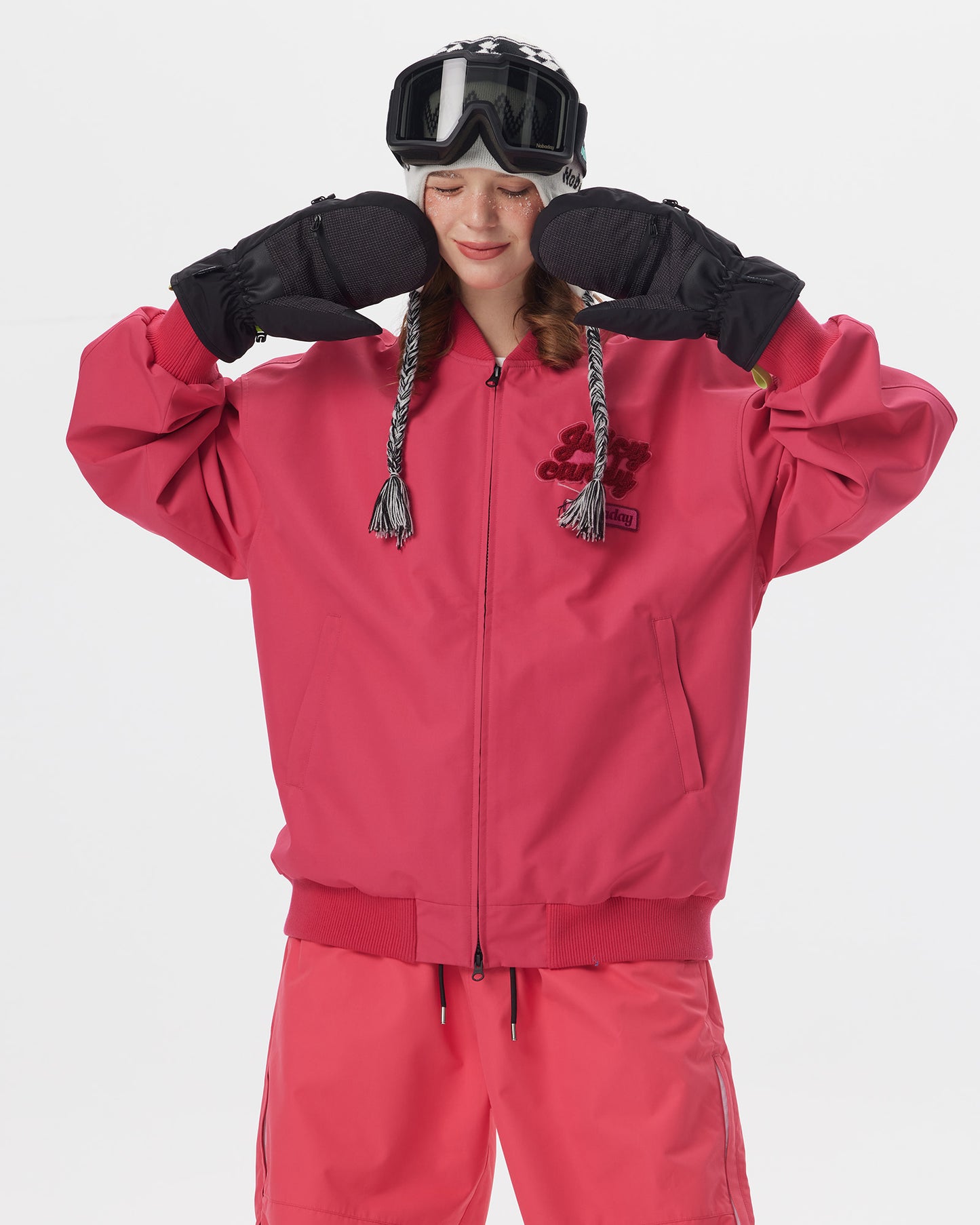 Half-body action view of a model wearing the Nobaday Juicy Dark Red Jacket with a front zipper and embroidered chest logo