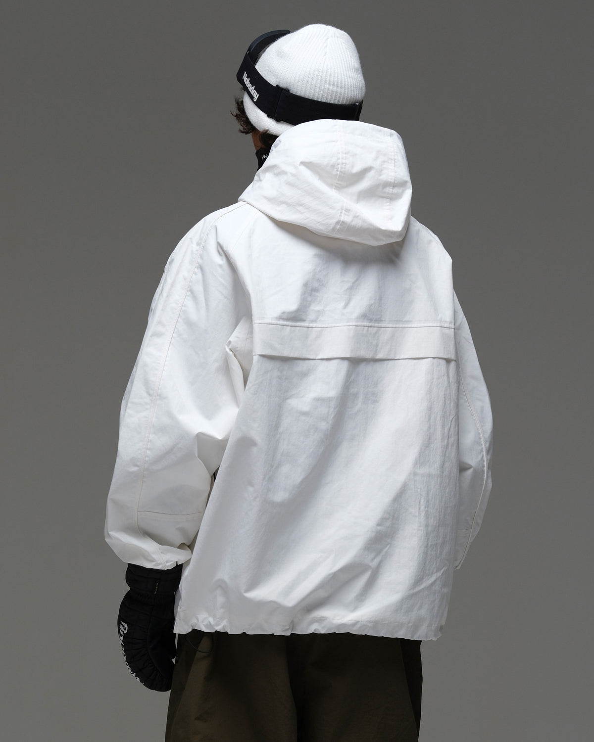 Back view of the NOBADAY Men’s Pure Free Snow Jacket in white with an adjustable hood