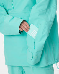 Close-up of the zippered sleeve pass pocket on the Nobaday ArcticStorm Freeride Auroral Blue 3L Anorak Jacket