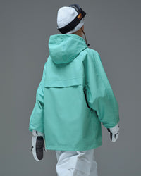 Back view of Nobaday blue active snow jacket showing oversized hood, relaxed fit, vent panel, and waterproof breathable shell