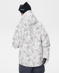 Back view of the white paisley-print Nobaday Dawn Print 3L Zip-Up Snow Jacket showing the hood and rear reflective detail