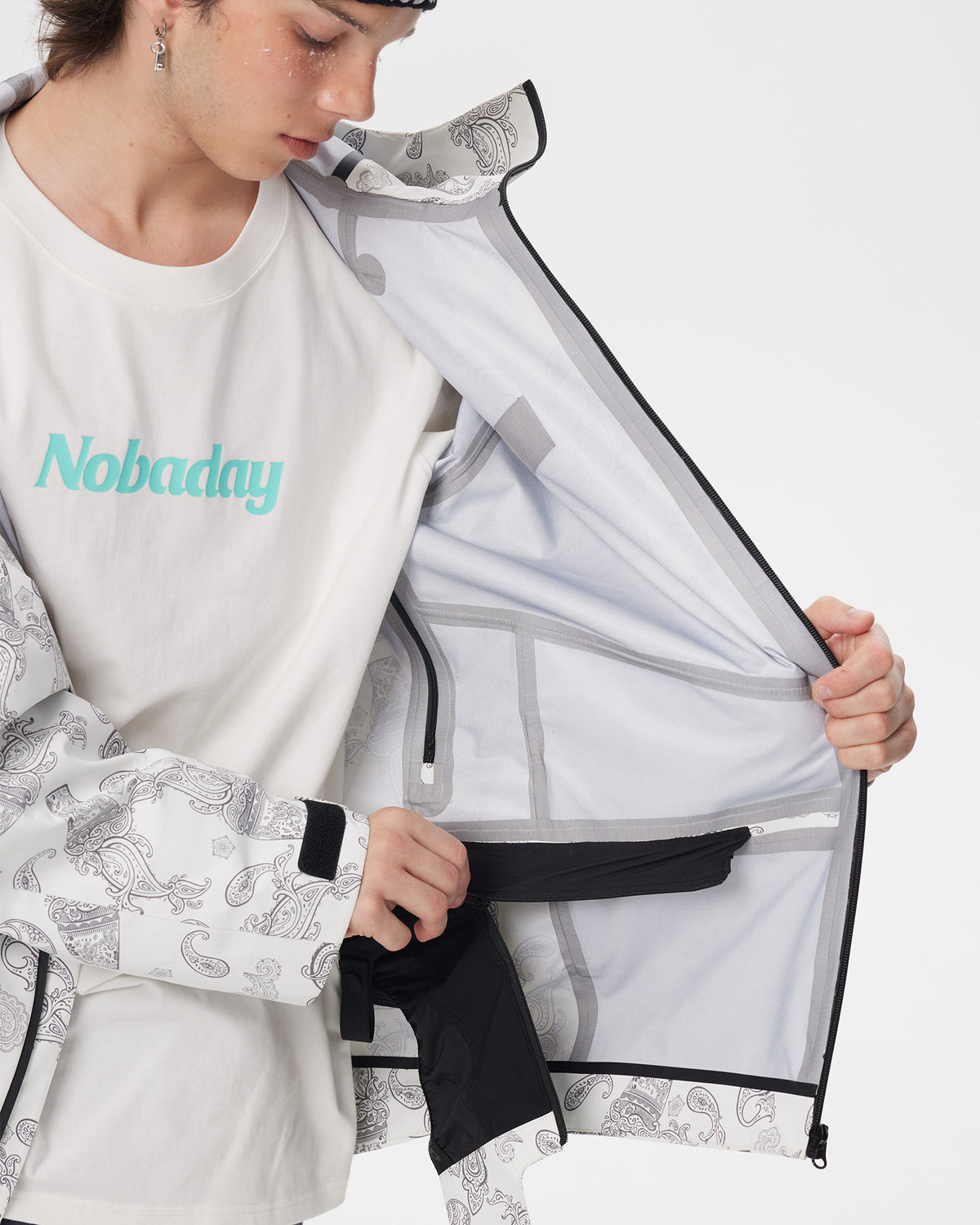 Interior view of the Nobaday Dawn Print 3L Zip-Up Snow Jacket showing taped seams and the detachable powder skirt