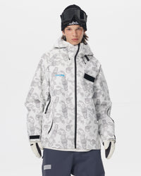 Front view of the white paisley-print Nobaday Dawn Print 3L Zip-Up Snow Jacket with a high collar and hood