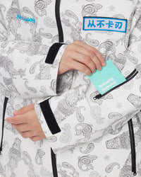 Close-up of the sleeve ski pass pocket and adjustable cuff on the Nobaday Dawn Print 3L Zip-Up Snow Jacket