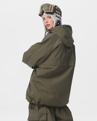 Back view of Nobaday Women's Pure Free green snow jacket showing oversized hood, relaxed fit, and waterproof shell design