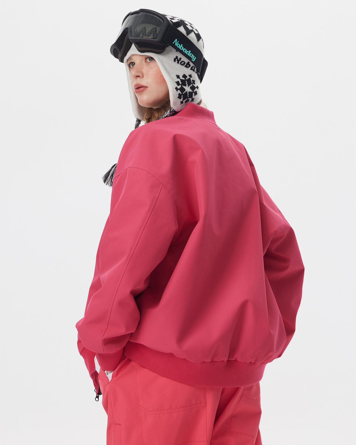 Back view of the Nobaday Juicy Dark Red Jacket showing its clean oversized silhouette and ribbed hem