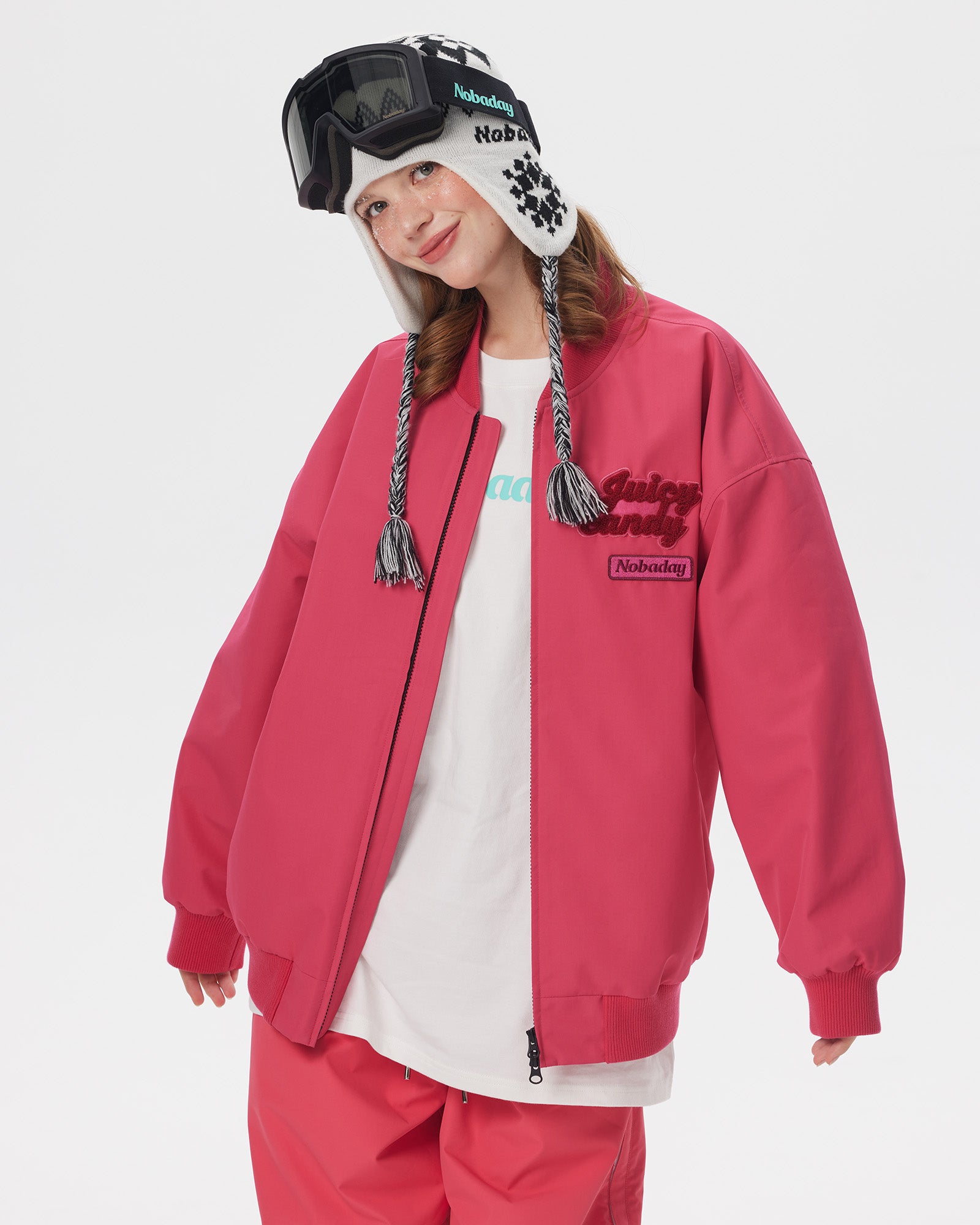 Front view of the Nobaday Juicy Dark Red Jacket featuring an oversized fit, ribbed trim and embroidered chest patches.