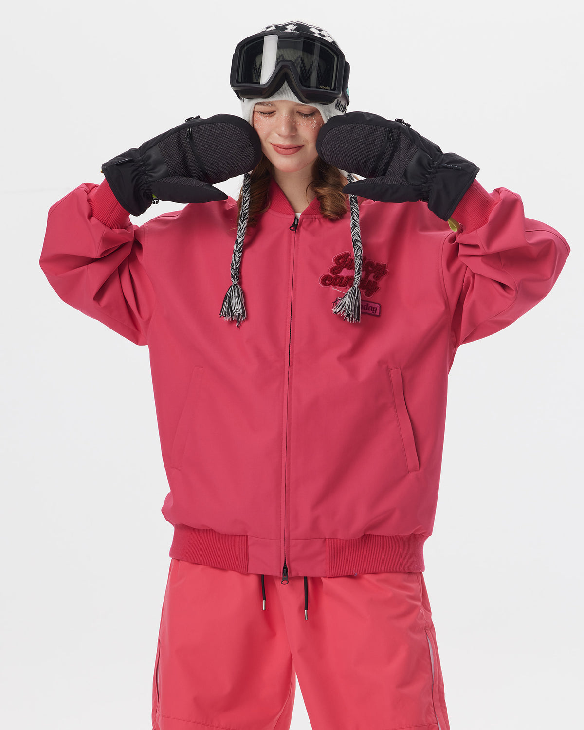 Half-body action view of a model wearing the Nobaday Juicy Dark Red Jacket with a front zipper and embroidered chest logo