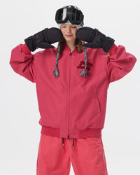 Half-body action view of a model wearing the Nobaday Juicy Dark Red Jacket with a front zipper and embroidered chest logo