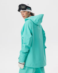 Back view of the Nobaday Men's ArcticStorm Freeride Auroral Blue 3L Anorak Jacket, highlighting the hood and extended hem
