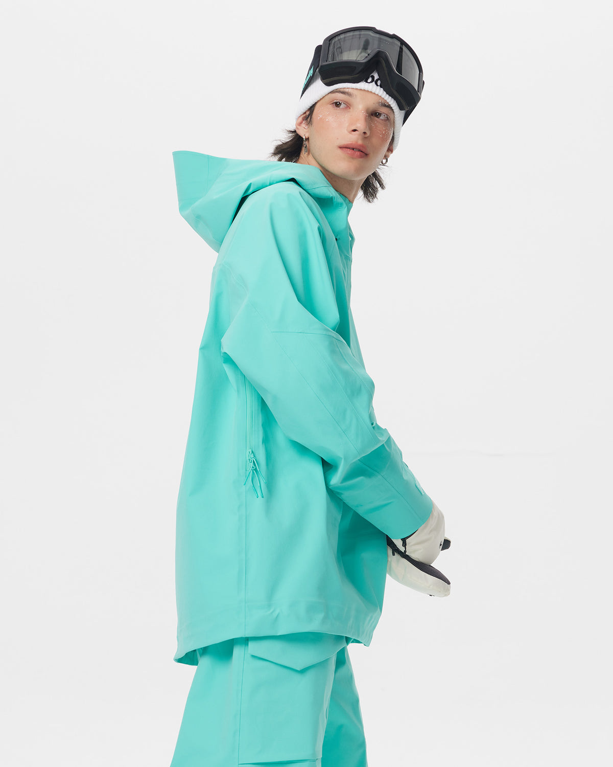 Side view of the Nobaday Men's ArcticStorm Freeride Auroral Blue 3L Anorak Jacket, showing its relaxed fit and hood