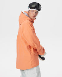 Side view of the Nobaday Men's ArcticStorm Freeride Orange 3L Snow Jacket, showing its relaxed fit and adjustable hood