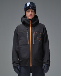 Front view of the black NOBADAY Pure Free Apex 3L snow jacket with orange waterproof zippers