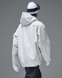Back view of the white NOBADAY Pure Free Apex 3L snow jacket with a hood and red logo
