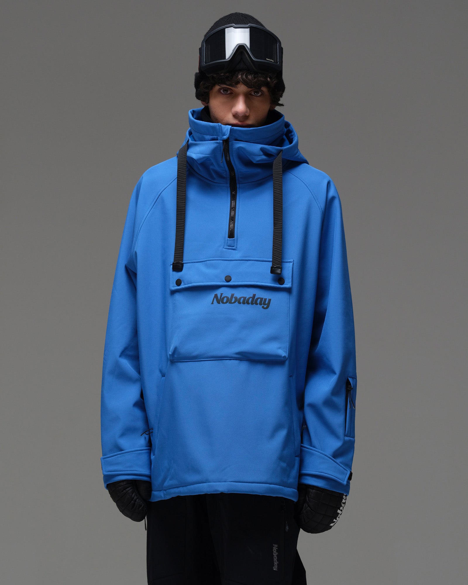 Front view of the Deep Blue NOBADAY Pure Free waterproof fleece hoodie with a high collar and chest pocket