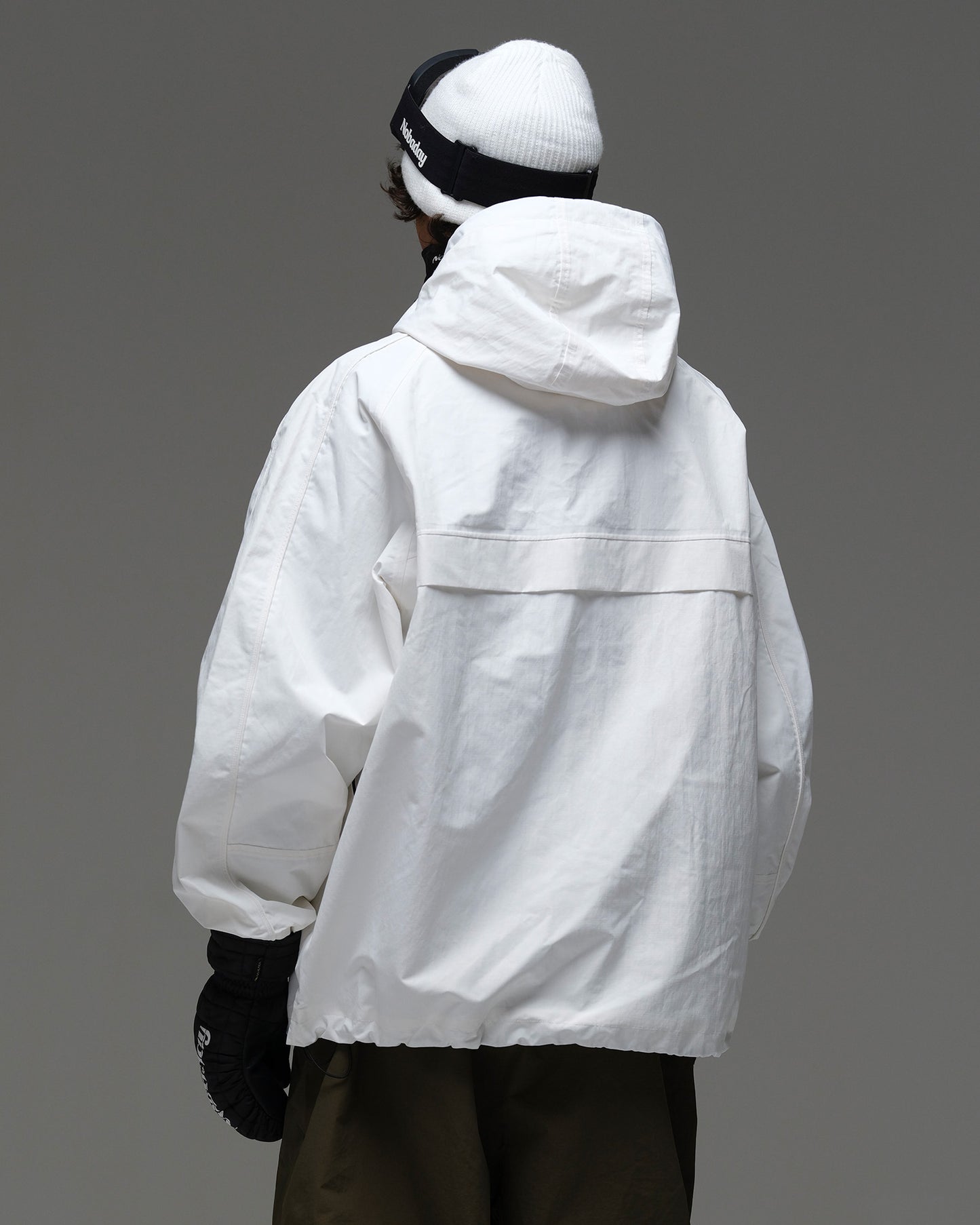 Back view of the NOBADAY Men’s Pure Free Snow Jacket in white with an adjustable hood