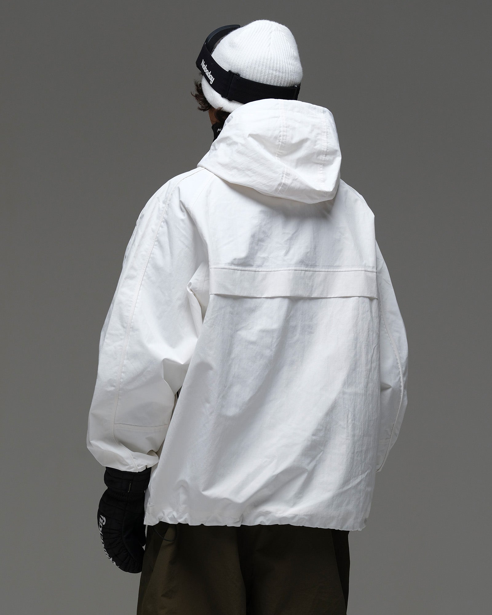 Back view of the NOBADAY Men’s Pure Free Snow Jacket in white with an adjustable hood