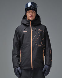 Front view of the Black NOBADAY Men’s Summit GORE-TEX snow jacket with orange zipper and graphic