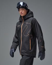 Side view of the Black NOBADAY Men’s Summit GORE-TEX snow jacket with orange zippers and hood