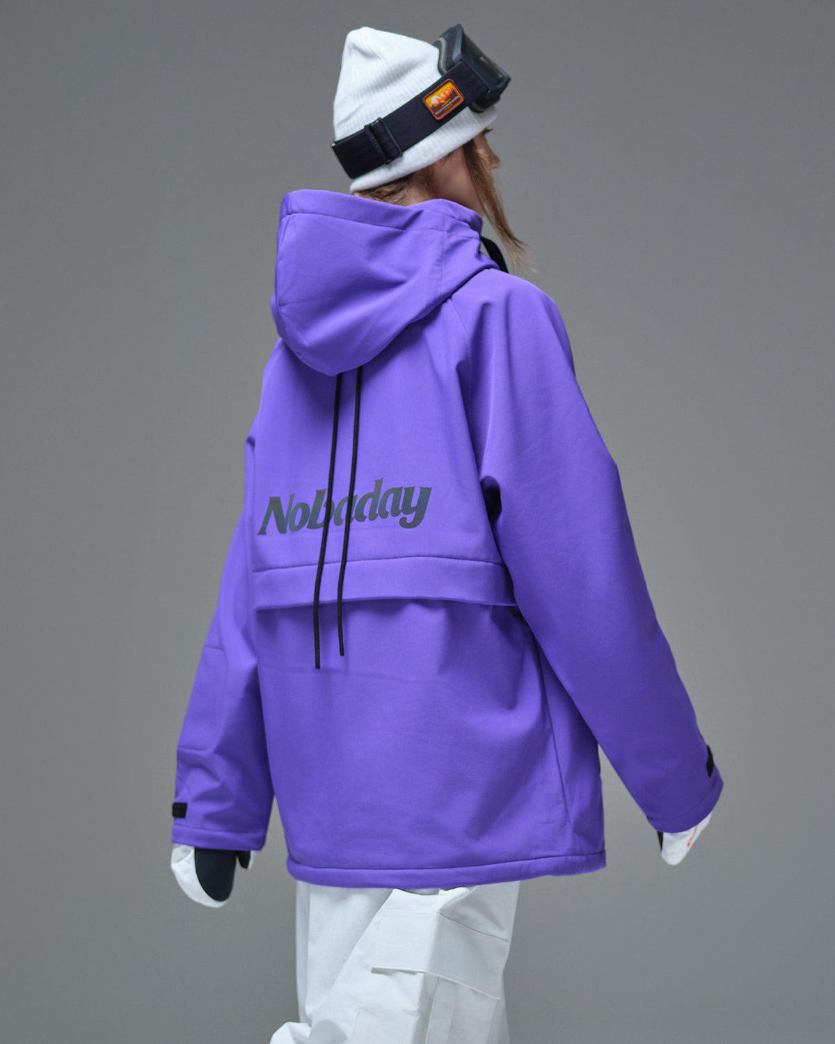 Back view of Nobaday purple waterproof fleece hoodie showing printed logo, adjustable hood, and relaxed snow jacket fit