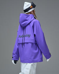 Back view of Nobaday purple waterproof fleece hoodie showing printed logo, adjustable hood, and relaxed snow jacket fit