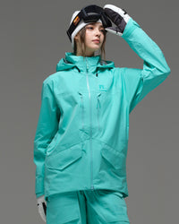 Front view of the NOBADAY Women's ArcticStorm Freeride 3L blue waterproof snow jacket with chest pockets and two-way zipper