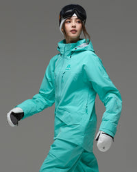 Side view of the NOBADAY Women's ArcticStorm Freeride 3L blue snow jacket showing the adjustable hood and lift pass pocket