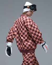 Back view of the Nobaday Women’s Baseball Insulated Snow Jacket showing its brown and pink plaid pattern and ribbed hem