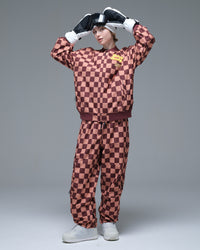 Full-body pose of a model wearing the brown and pink plaid Nobaday Women’s Baseball Insulated Snow Jacket with matching snow pants