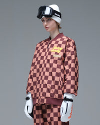 Side view of the brown and pink plaid Nobaday Women’s Baseball Insulated Snow Jacket with embroidered chest patches