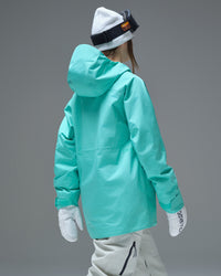 Back view of a Nobaday Blue women’s GORE-TEX snow jacket with an oversized hood