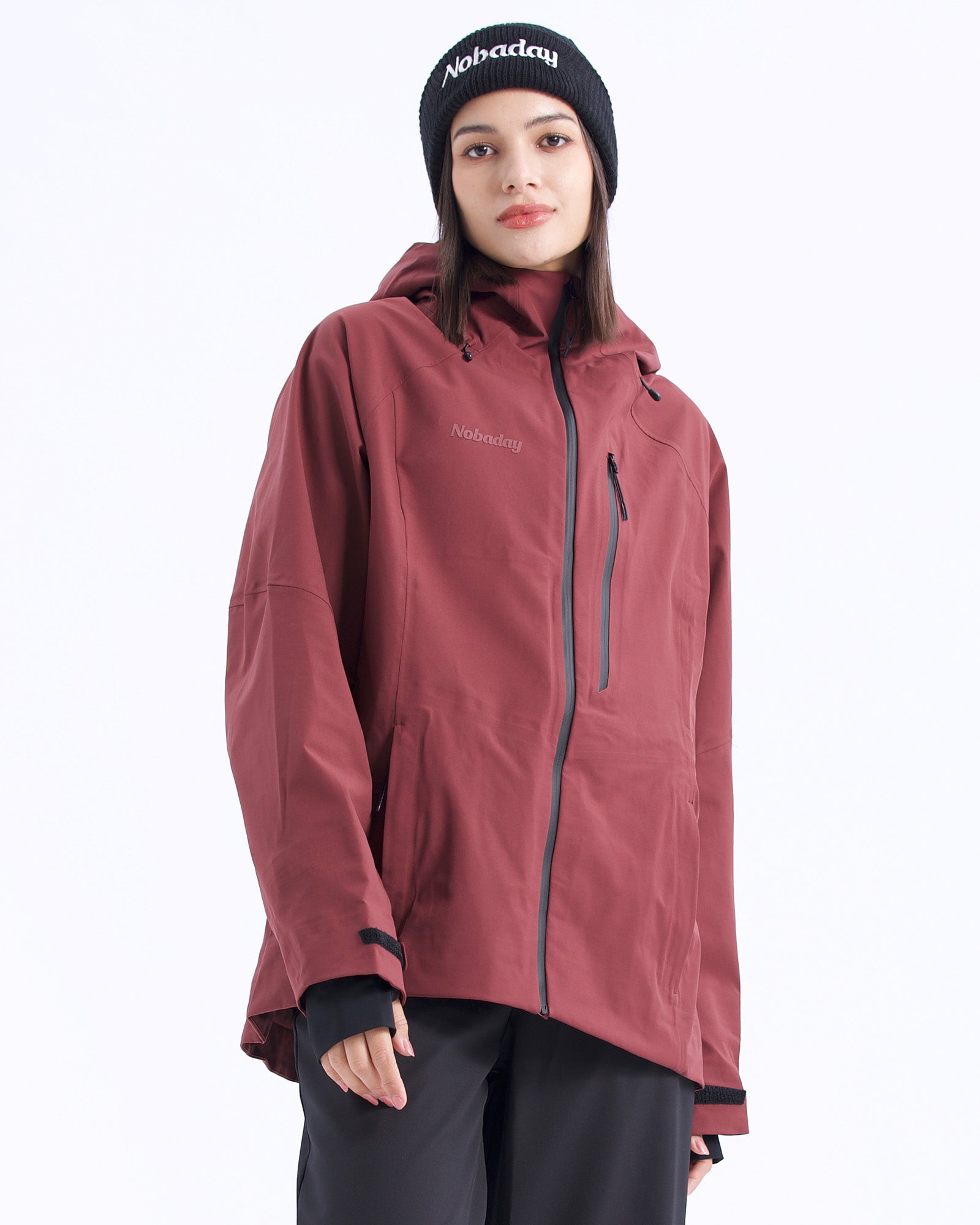 Front view of the NOBADAY Women's Juicy 3L dark red snow jacket with an adjustable hood, waterproof zippers, and Velcro cuffs