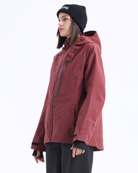 Side view of the NOBADAY Women's Juicy 3L dark red snow jacket showing the adjustable hood, chest pocket, and relaxed hem