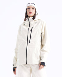Front view of the NOBADAY Women's Juicy 3L white snow jacket with waterproof black zippers, adjustable hood, and Velcro cuffs