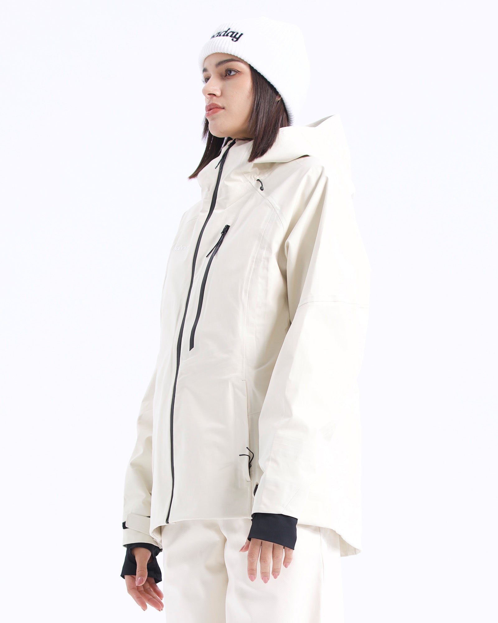 Side view of the NOBADAY Women's Juicy 3L white waterproof snow jacket with a high collar, hood, and chest pocket