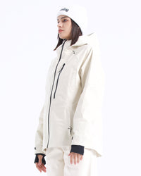 Side view of the NOBADAY Women's Juicy 3L white waterproof snow jacket with a high collar, hood, and chest pocket