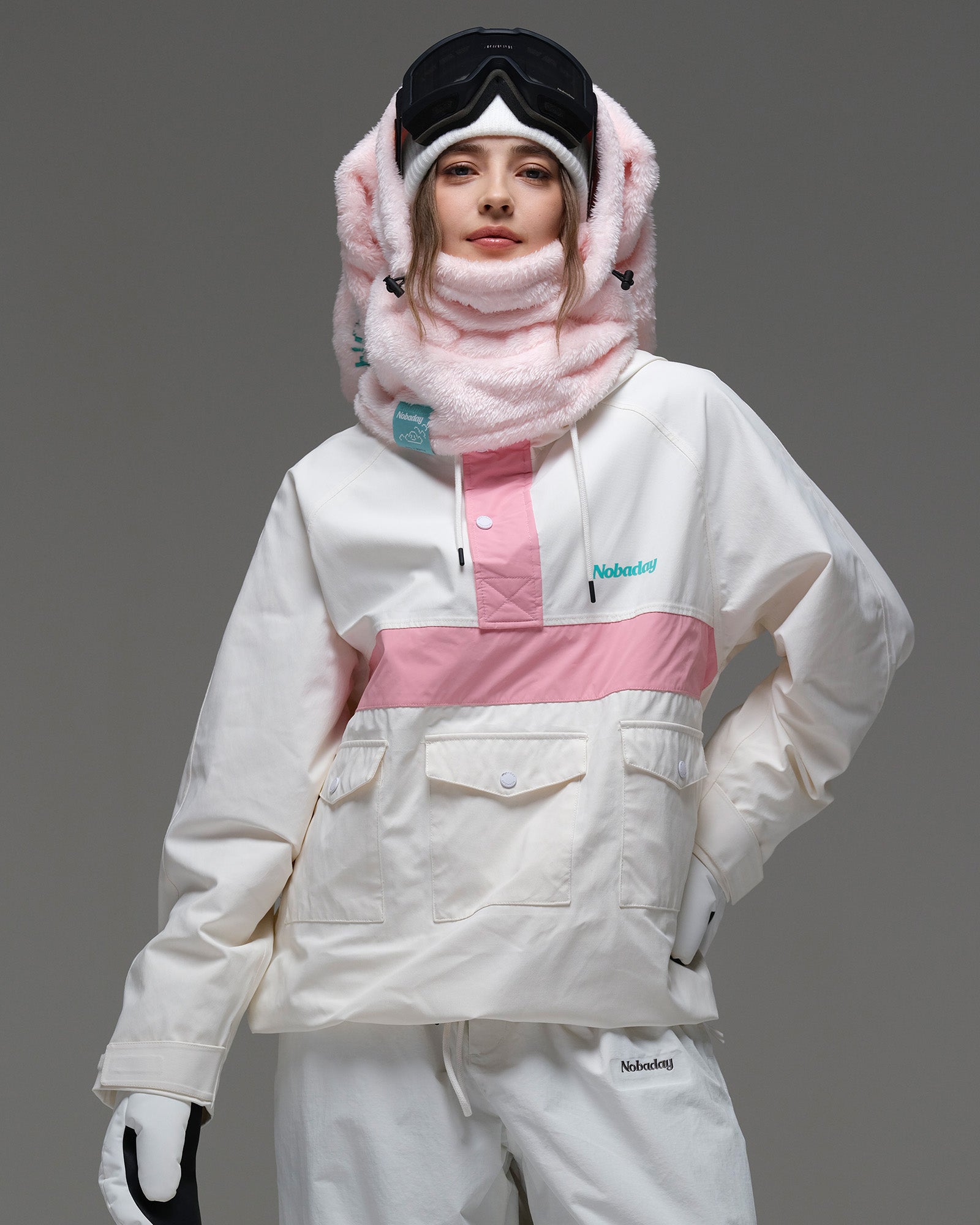 Front view of the ivory and pink Nobaday Women’s Juicy Candy Retro Snow Jacket featuring multiple utility pockets