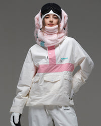 Front view of the ivory and pink Nobaday Women’s Juicy Candy Retro Snow Jacket featuring multiple utility pockets