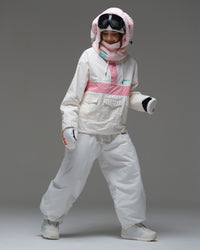 Full-body action view of a model wearing the ivory and pink Nobaday Women’s Juicy Candy Retro Snow Jacket