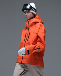 Side view of the orange Nobaday Women’s MaxExtreme Pro Zip-Up 3L Snow Jacket with a high collar and sleeve pocket