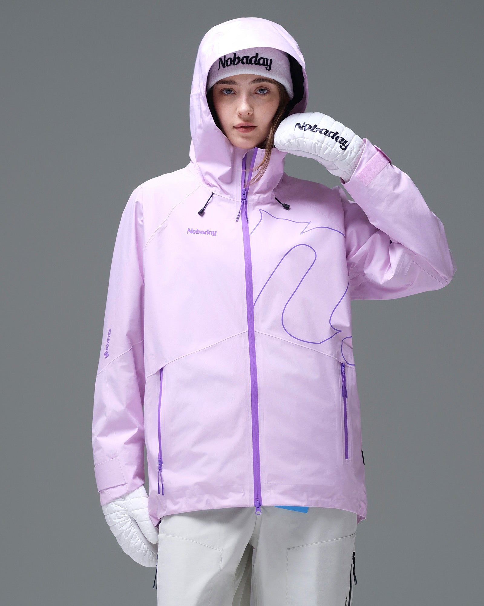 Front view of a pink NOBADAY women’s GORE-TEX snow jacket with the hood up