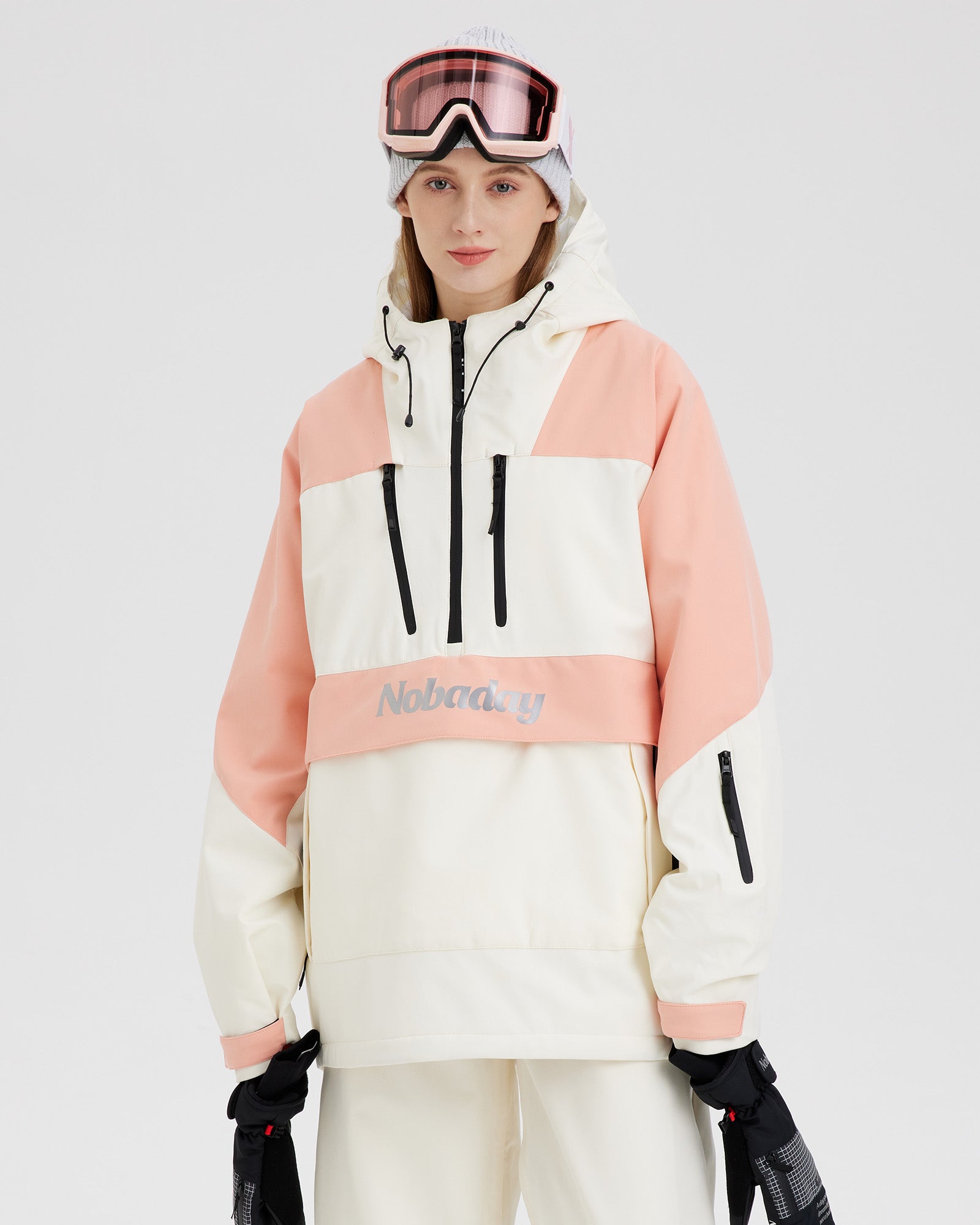 Front view of the NOBADAY Women's pink and cream insulated snow jacket with an adjustable hood, chest pockets, and Velcro cuffs