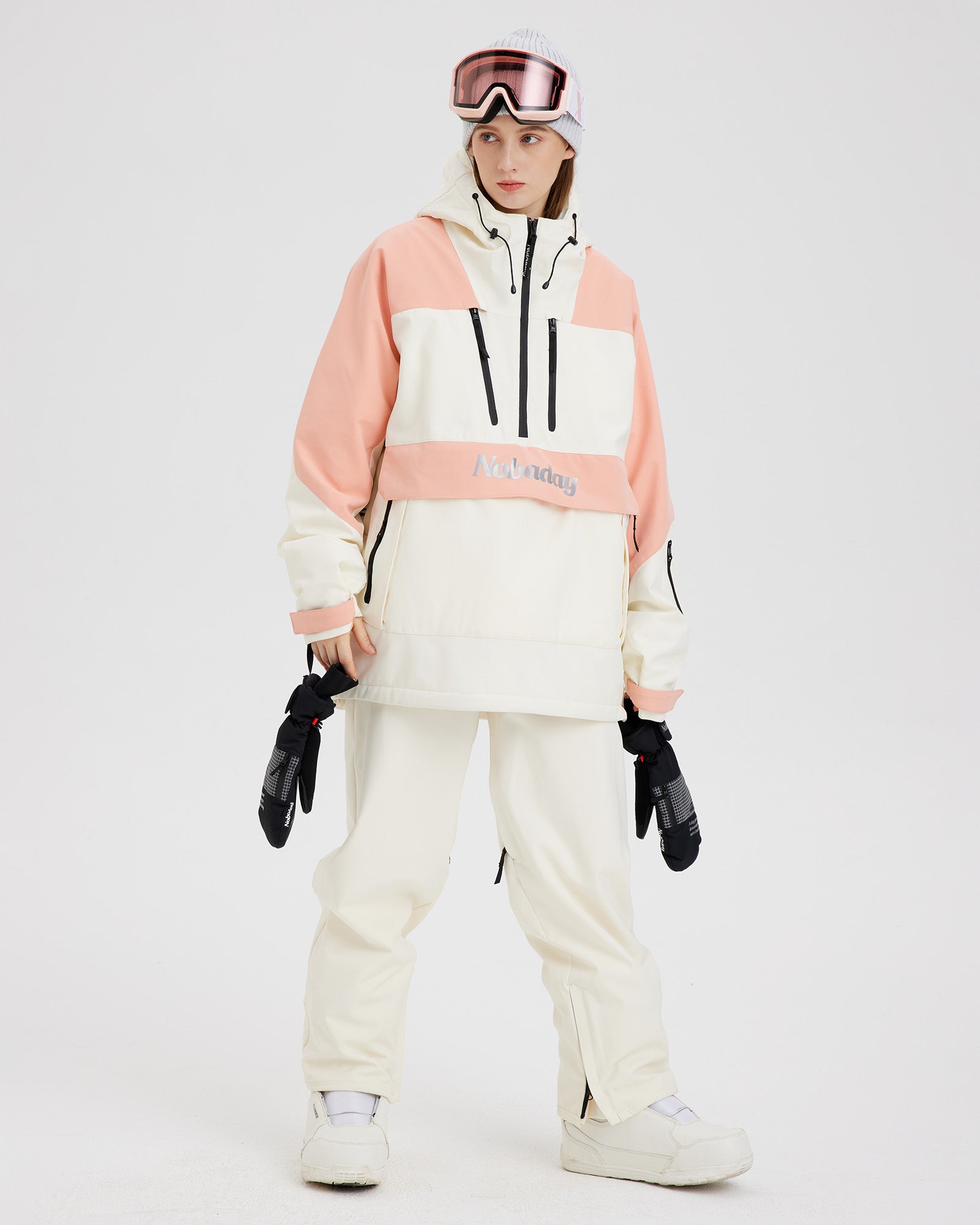 Full-body front view of the NOBADAY Women's pink and cream insulated snow jacket with matching snow pants