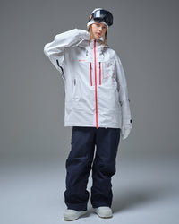 Full-body front view of a woman wearing the Nobaday Pure Free Apex 3L waterproof breathable snow jacket in white
