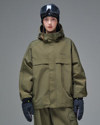 Front view of Nobaday women's green cargo snow jacket with oversized zip pockets, adjustable hood, and minimalist waterproof design