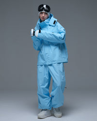 Full-body view of the sky blue Nobaday Women’s Pure Free Drift Snow Jacket styled with matching blue snow pants
