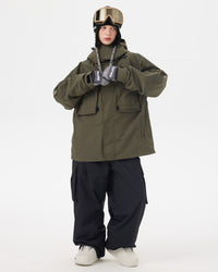 Full-body front view of the NOBADAY Women's Pure Free Freestyle dark green waterproof snow jacket with an oversized fit