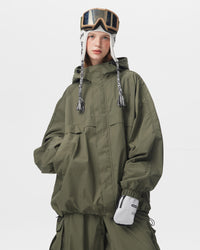 Front view of Nobaday Women's Pure Free green waterproof snow jacket with storm flap, hood, elastic cuffs, and oversized silhouette