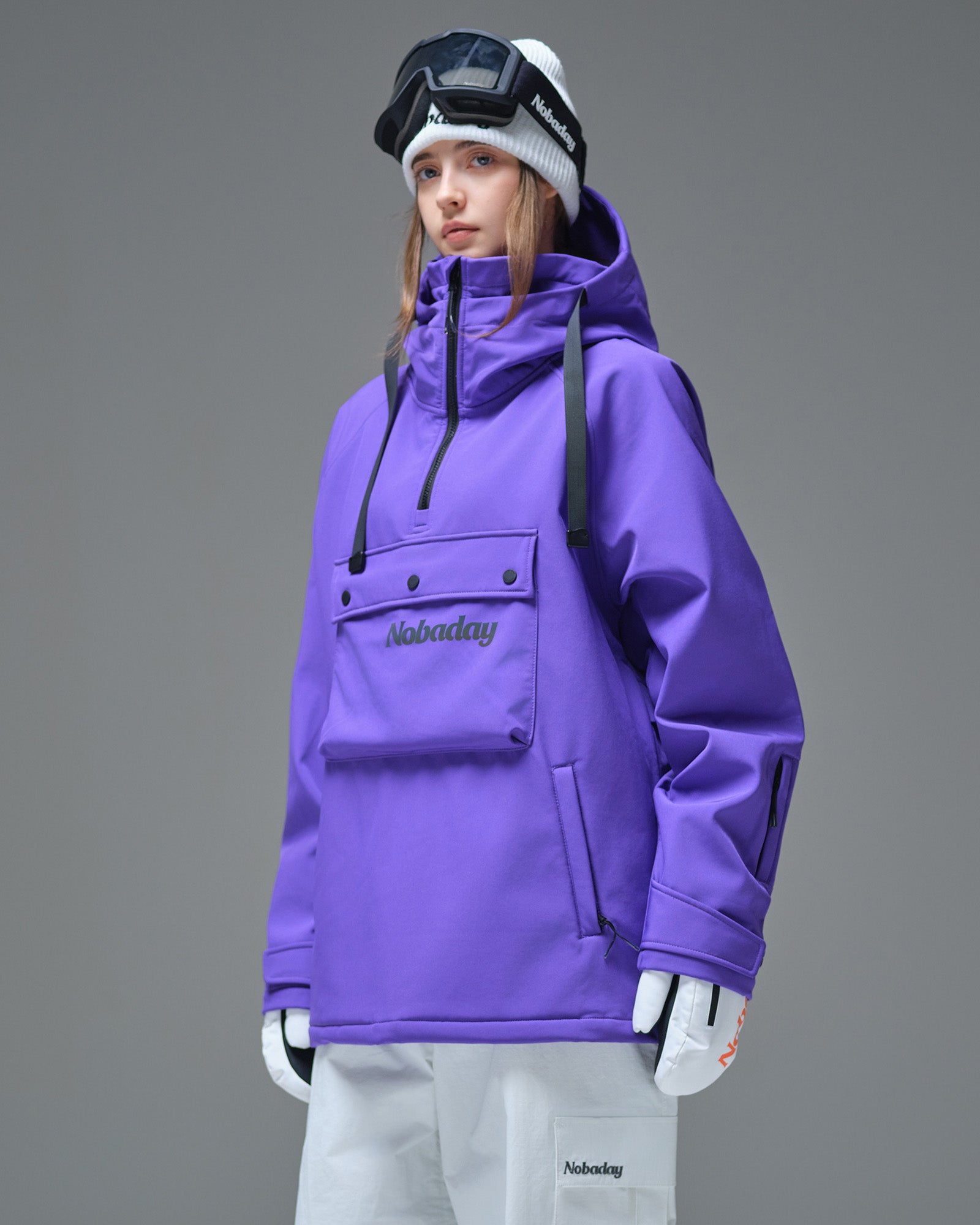 snow-hoodie-front-detail.jpgNobaday Women's Pure Free purple snow hoodie front detail with high collar, waterproof fabric, and oversized fit